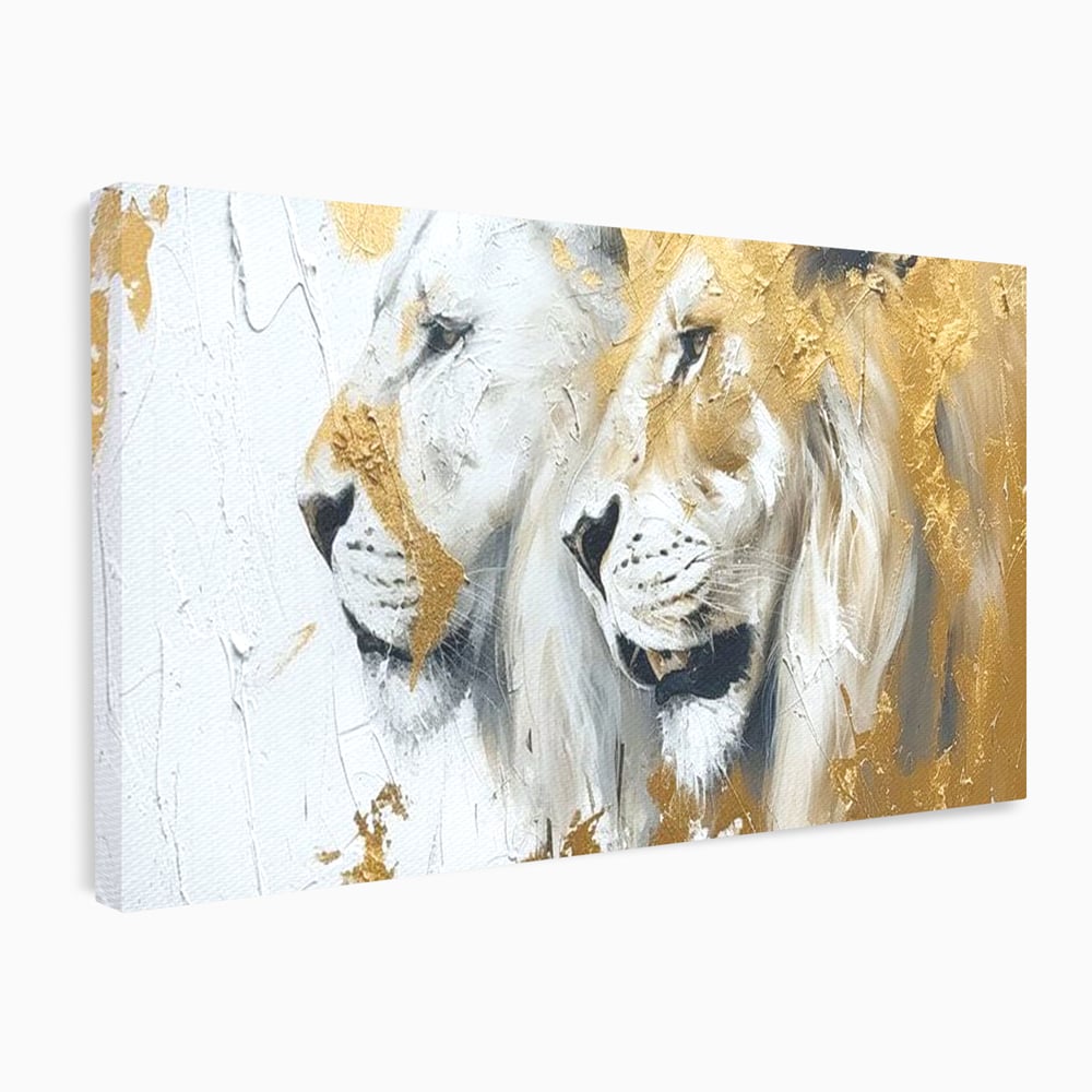 Tablou canvas cu tablou canvas cu doi lei si accente aurii, fara rama, pe sasiu de lemn